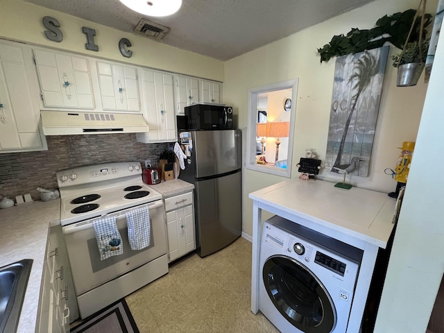 kitchen featuring washer / dryer, decorative backsplash, white cabinetry, white electric stove, and stainless steel fridge