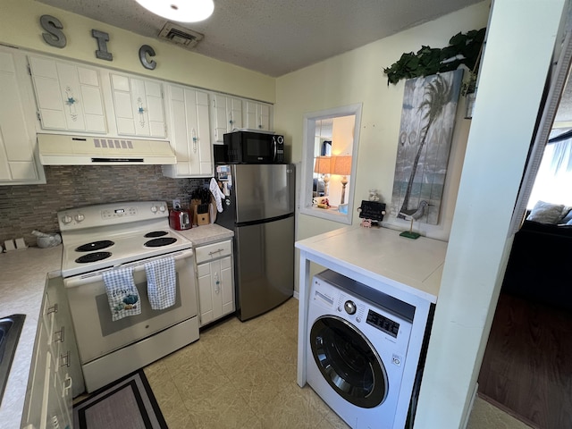 kitchen with white cabinets, washer / dryer, white electric range, tasteful backsplash, and stainless steel fridge