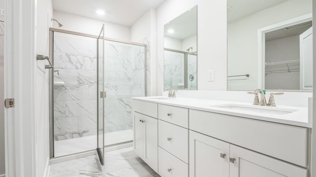 845 Broadway Unit 1, West Cape May, NJ 08204 - full bathroom featuring marble look tile flooring, a marble finish shower, double vanity, and recessed lighting