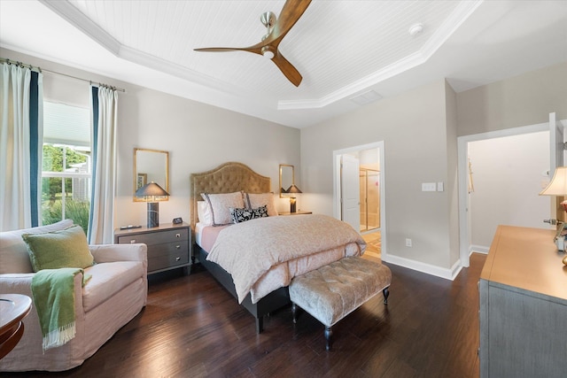 bedroom with dark wood-type flooring, ensuite bathroom, ceiling fan, a tray ceiling, and wood ceiling