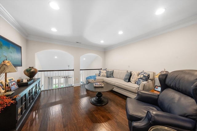 living room featuring crown molding and wood-type flooring