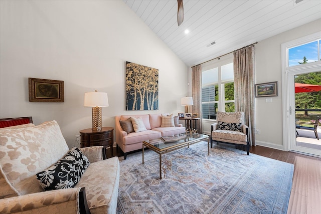 living room featuring hardwood / wood-style flooring, wooden ceiling, and high vaulted ceiling