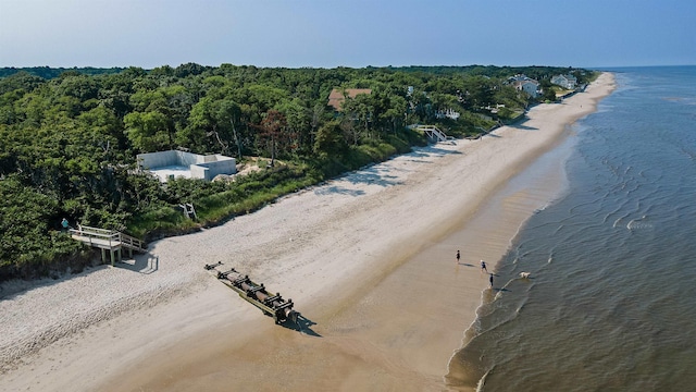 birds eye view of property featuring a beach view, a water view, and a view of trees
