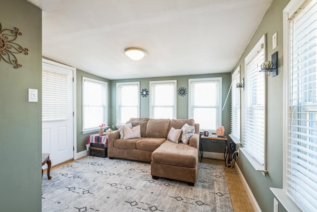 living area featuring baseboards and wood finished floors