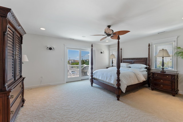 carpeted bedroom with access to outside and ceiling fan