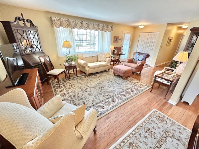 living area with baseboards and wood-type flooring