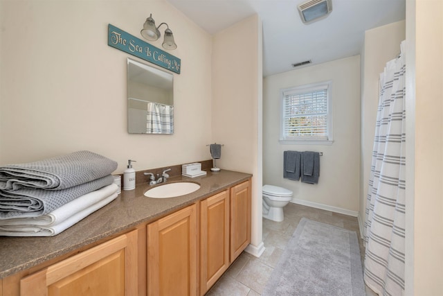 full bathroom with toilet, tile patterned flooring, visible vents, and vanity