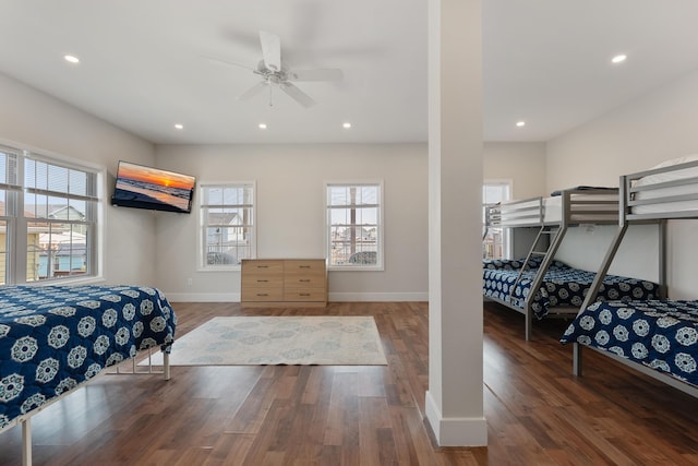 bedroom with baseboards, ceiling fan, wood finished floors, and recessed lighting