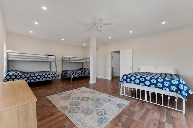 bedroom featuring wood finished floors, a ceiling fan, and recessed lighting