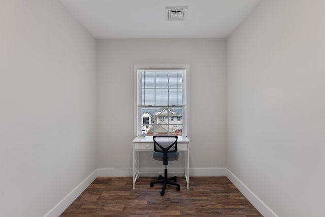 office space featuring dark wood finished floors, visible vents, and baseboards