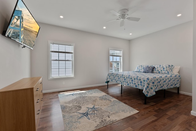 bedroom with ceiling fan, recessed lighting, wood finished floors, and baseboards