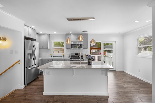 121 Roslyn Ave, North Cape May, NJ 08204 - kitchen with appliances with stainless steel finishes, gray cabinets, plenty of natural light, backsplash, and recessed lighting