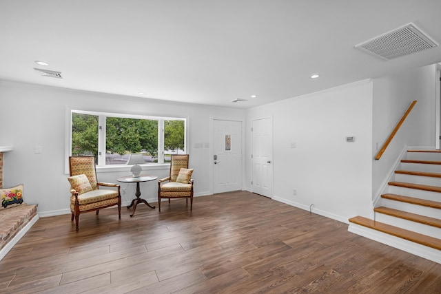 121 Roslyn Ave, North Cape May, NJ 08204 - sitting room featuring crown molding, wood finished floors, recessed lighting, and stairs