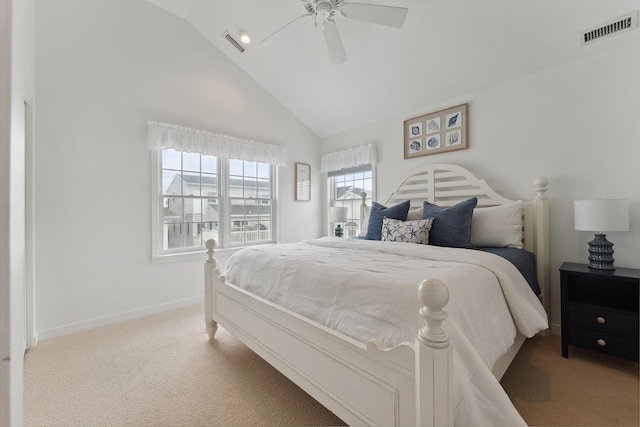 bedroom featuring ceiling fan, lofted ceiling, and carpet floors