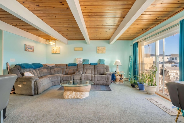 carpeted living room featuring beamed ceiling and wood ceiling