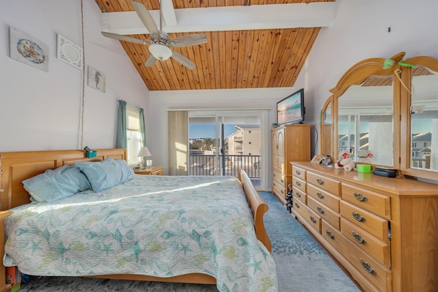 carpeted bedroom featuring access to exterior, wood ceiling, lofted ceiling with beams, and ceiling fan