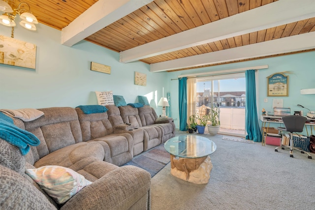 living room with wood ceiling, beam ceiling, and carpet floors