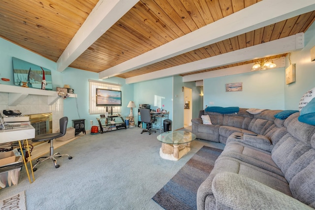 carpeted living room with wood ceiling and beam ceiling