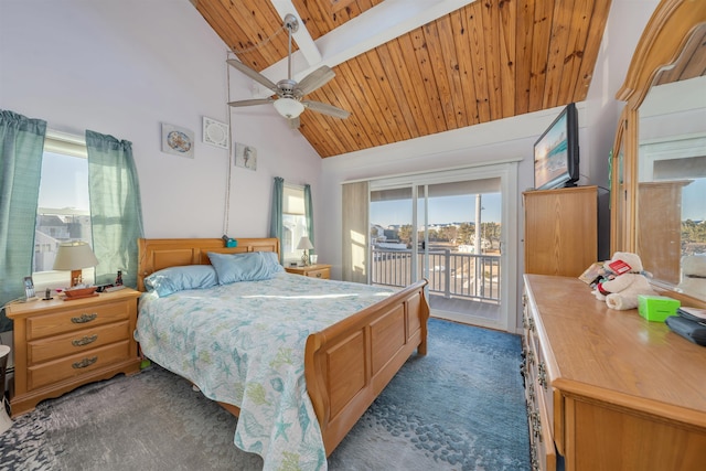 carpeted bedroom featuring ceiling fan, high vaulted ceiling, multiple windows, and access to outside