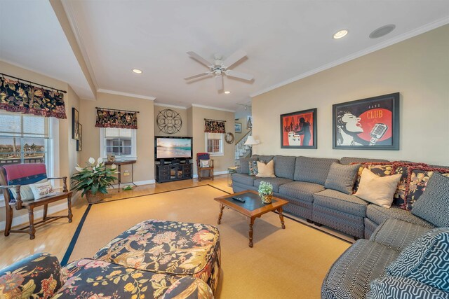 56 E 22nd St, Avalon, NJ 08202 - living area featuring ceiling fan, ornamental molding, and recessed lighting