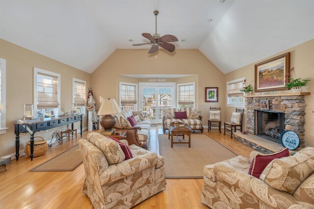 56 E 22nd St, Avalon, NJ 08202 - living room featuring a ceiling fan, wood finished floors, a fireplace, and vaulted ceiling