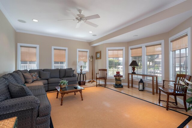 56 E 22nd St, Avalon, NJ 08202 - living area featuring crown molding, ceiling fan, recessed lighting, and wood finished floors