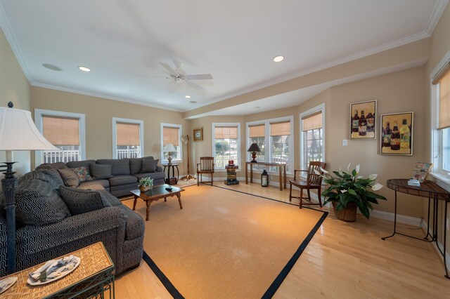 56 E 22nd St, Avalon, NJ 08202 - living room featuring ceiling fan, ornamental molding, light wood-style flooring, and recessed lighting
