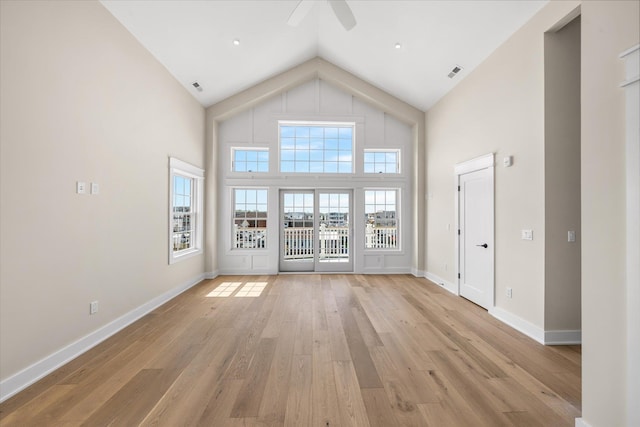 310 42nd Pl Unit 201E, Sea Isle City, NJ 08243 - unfurnished living room with baseboards, a ceiling fan, light wood finished floors, and high vaulted ceiling