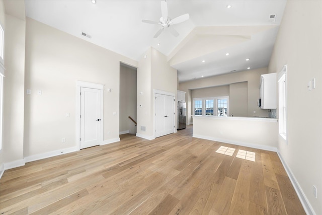 310 42nd Pl Unit 201E, Sea Isle City, NJ 08243 - unfurnished living room with a ceiling fan, visible vents, high vaulted ceiling, baseboards, and light wood-style floors