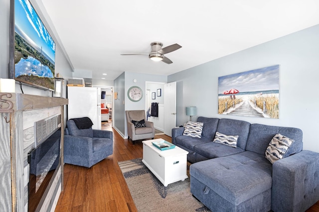 8401 Atlantic Ave # 405, Wildwood Crest, NJ 08260 - living room with wood finished floors, ceiling fan, a fireplace, and recessed lighting
