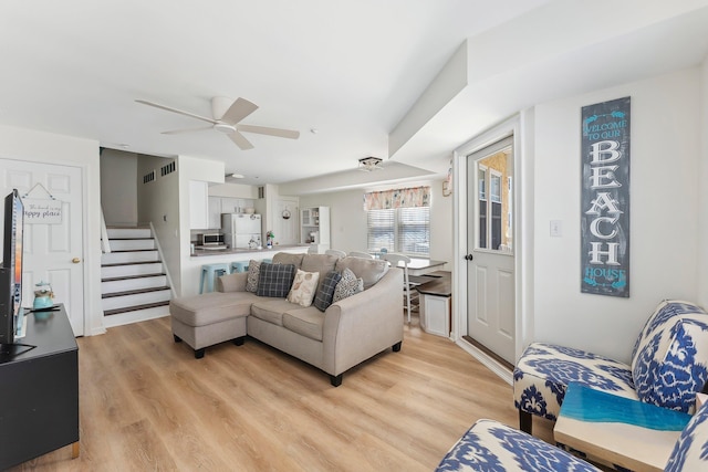 316 E 17th Ave Unit 6, North Wildwood, NJ 08260 - living room featuring stairway, a ceiling fan, and light wood-type flooring