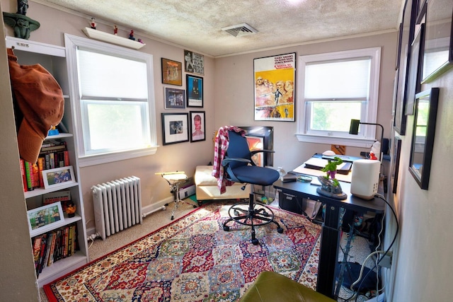 14 Lyndhurst Rd, Marmora, NJ 08223 - carpeted home office featuring radiator, a textured ceiling, baseboards, and ornamental molding