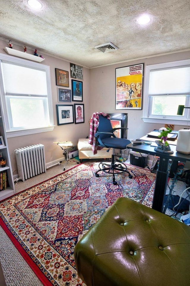 14 Lyndhurst Rd, Marmora, NJ 08223 - carpeted home office with radiator heating unit and a textured ceiling