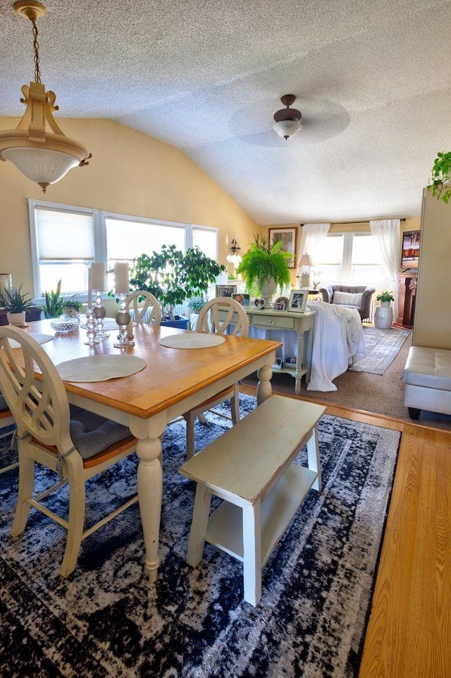 14 Lyndhurst Rd, Marmora, NJ 08223 - dining space with lofted ceiling, wood finished floors, and a textured ceiling