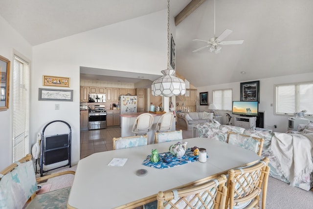 138 8th St, Avalon, NJ 08202 - dining area with ceiling fan, high vaulted ceiling, and beamed ceiling