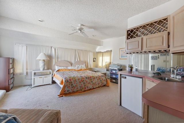 138 8th St, Avalon, NJ 08202 - bedroom with light carpet, refrigerator, a textured ceiling, and a ceiling fan