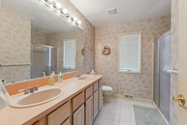 138 8th St, Avalon, NJ 08202 - full bathroom featuring tile patterned floors, double vanity, a shower stall, and wallpapered walls