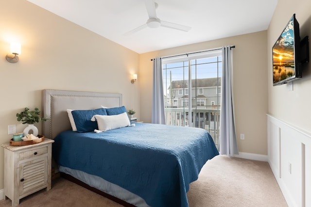 bedroom featuring carpet, ceiling fan, and access to exterior