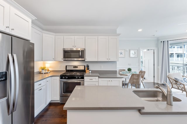 kitchen with sink, white cabinetry, stainless steel appliances, and ornamental molding