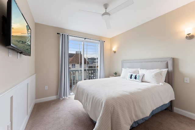 bedroom with carpet flooring, access to exterior, and ceiling fan