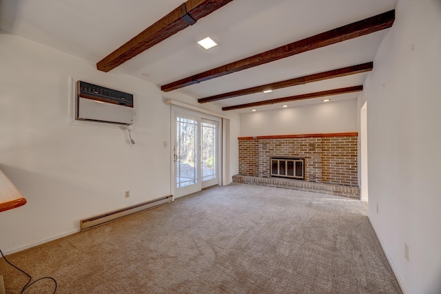 unfurnished living room with beamed ceiling, a baseboard radiator, a wall mounted air conditioner, and a fireplace