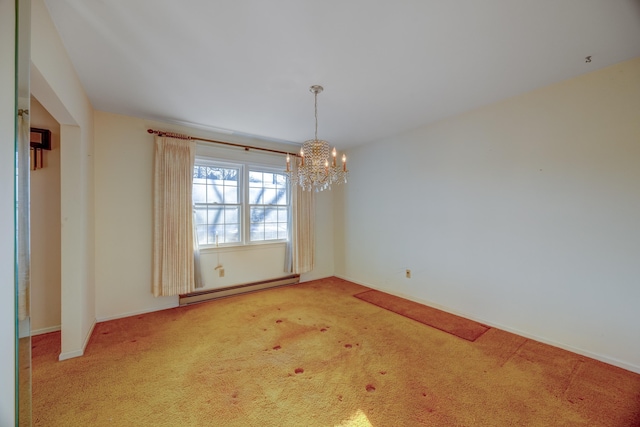 unfurnished room with light carpet, a baseboard heating unit, and a notable chandelier