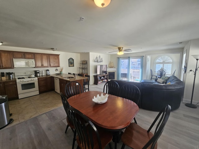 dining space with light wood-style floors and a ceiling fan