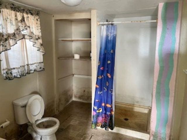 bathroom with a shower with curtain and toilet