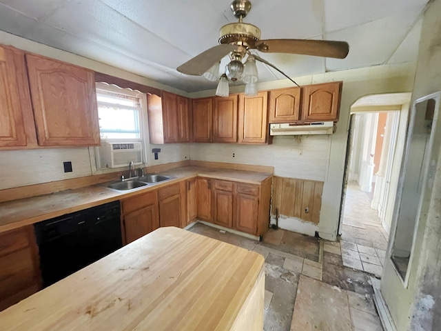 kitchen featuring cooling unit, sink, dishwasher, and ceiling fan