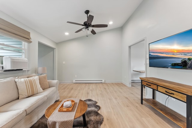 living area featuring a baseboard radiator, light wood-style flooring, recessed lighting, a ceiling fan, and baseboards