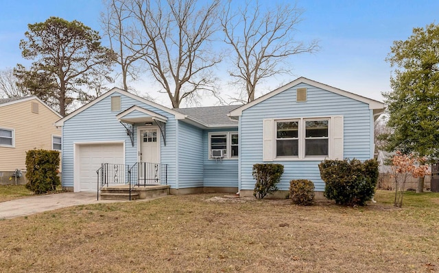 single story home featuring a garage, a front yard, concrete driveway, and roof with shingles