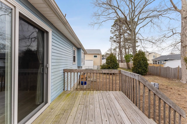 wooden terrace with a fenced backyard