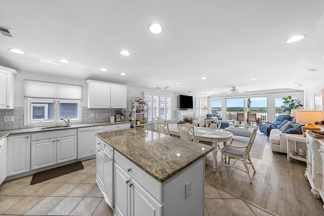 3328 Ocean Dr Unit 3328, Avalon, NJ 08202 - kitchen with white dishwasher, open floor plan, a kitchen island, ceiling fan, and recessed lighting