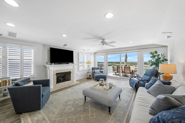 3328 Ocean Dr Unit 3328, Avalon, NJ 08202 - living room featuring a ceiling fan, wood finished floors, recessed lighting, and a tile fireplace